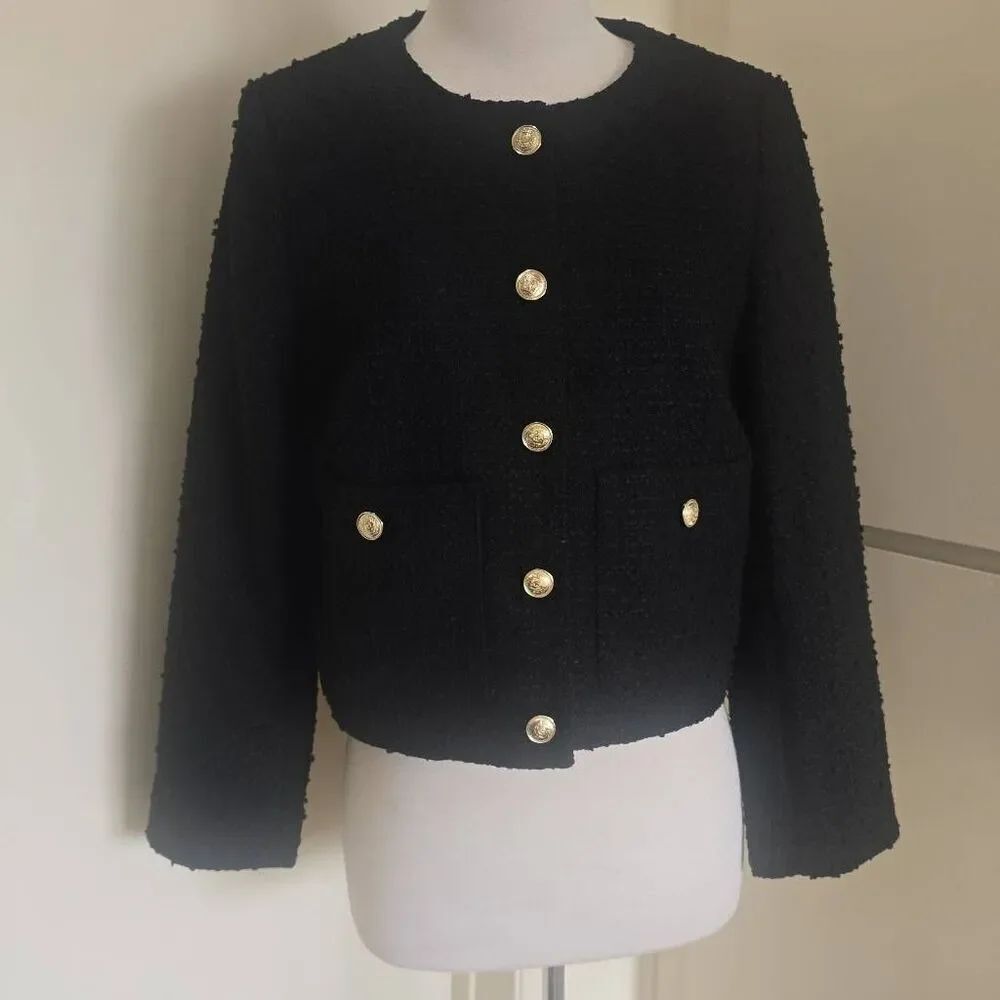 H&M Black Boucle Tweedy Jkt/Gold Buttons, Patch Pkts. Lined, NWT, M